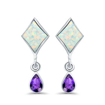Square Stud Earrings Pear Lab Created White Opal & Amethyst CZ 925 Sterling Silver (24mm)